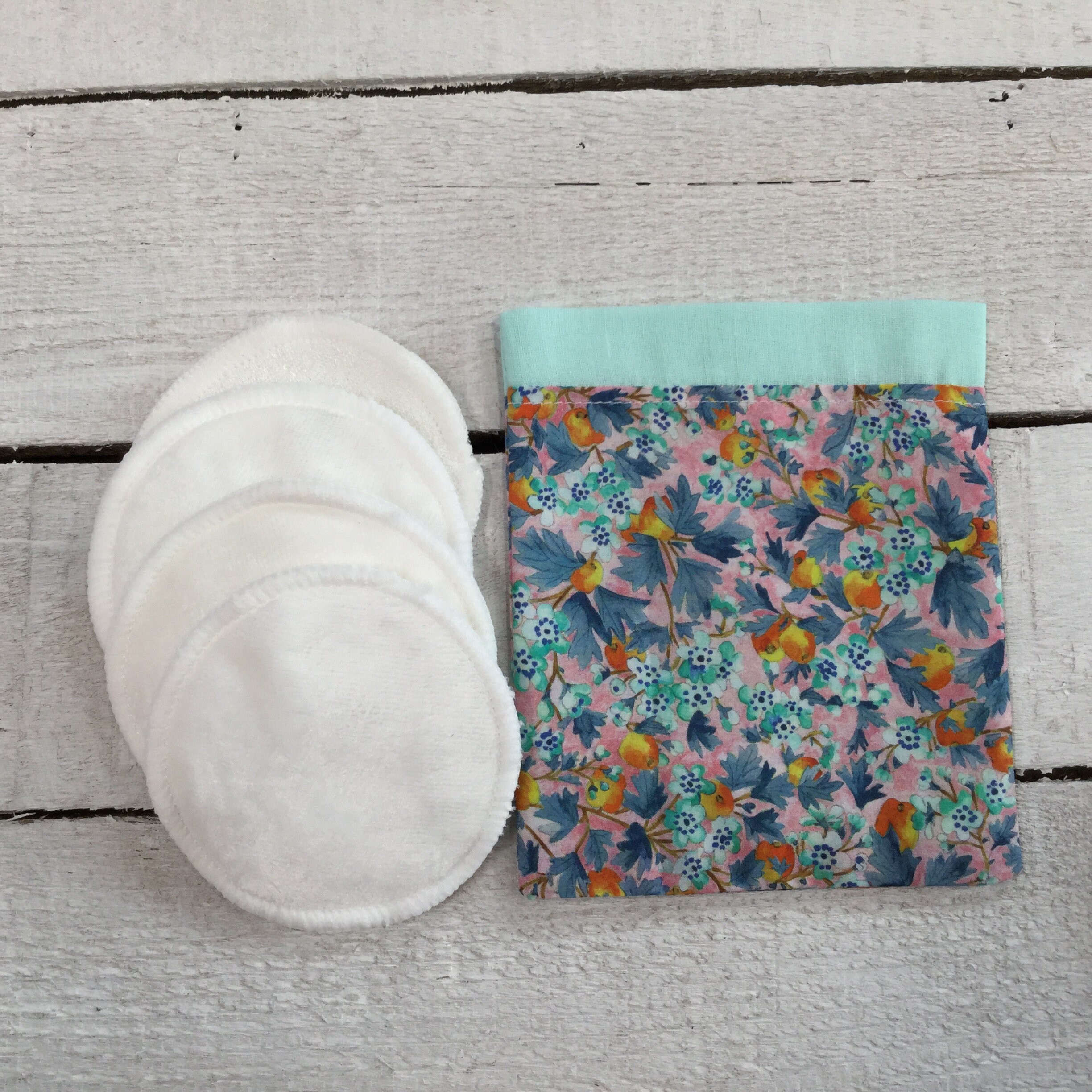 Reusable makeup remover wash pads with handmade pouch. Matching cosmetic purse and earring or