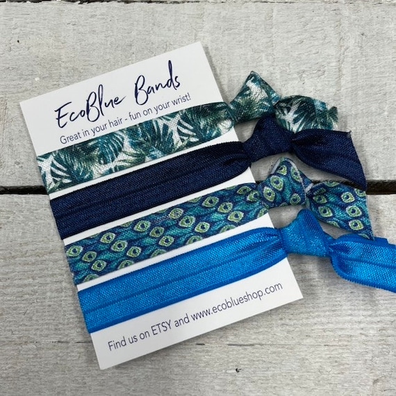 Hair elastics, soft stretch hair ties, ponies, yoga hair ties, bracelets, ponytail holders - Blue Peacock Feather mix