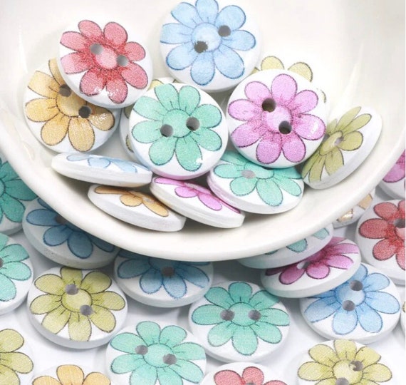 Flower buttons, 15mm, two holes, white and pastel colours, pack of 20