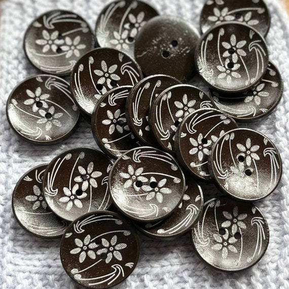 Wooden Buttons - Black 2 holes - Sustainable, Flower Detail, Natural Buttons,  Pack of 10