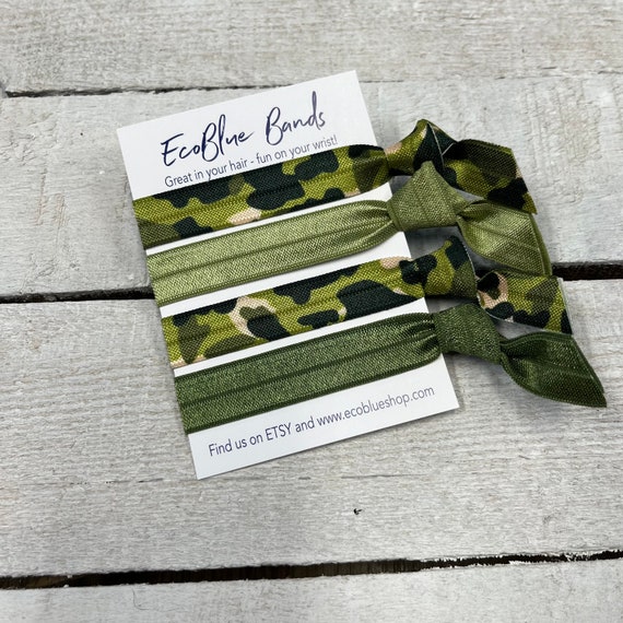 Hair elastics, soft stretch hair ties, ponies, yoga hair ties, bracelets, ponytail holders - Green Camo mix