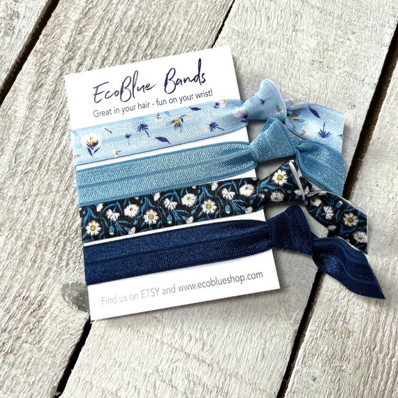 Hair elastics, soft stretch hair ties, ponies, yoga hair ties, bracelets, ponytail holders - Blue Peacock Floral mix