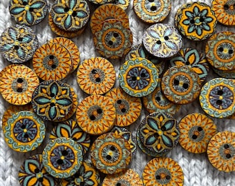 Boutons en bois, motifs géométriques, motif fleurs - 2 trous - 15 mm, 5/8 po., durable, naturel, boutons, lot de 20
