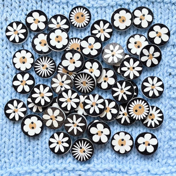 Wooden Buttons- Black flowers - 2 holes - 15mm, 5/8 inch, Sustainable, Flower Detail, Natural Buttons,  Pack of 10