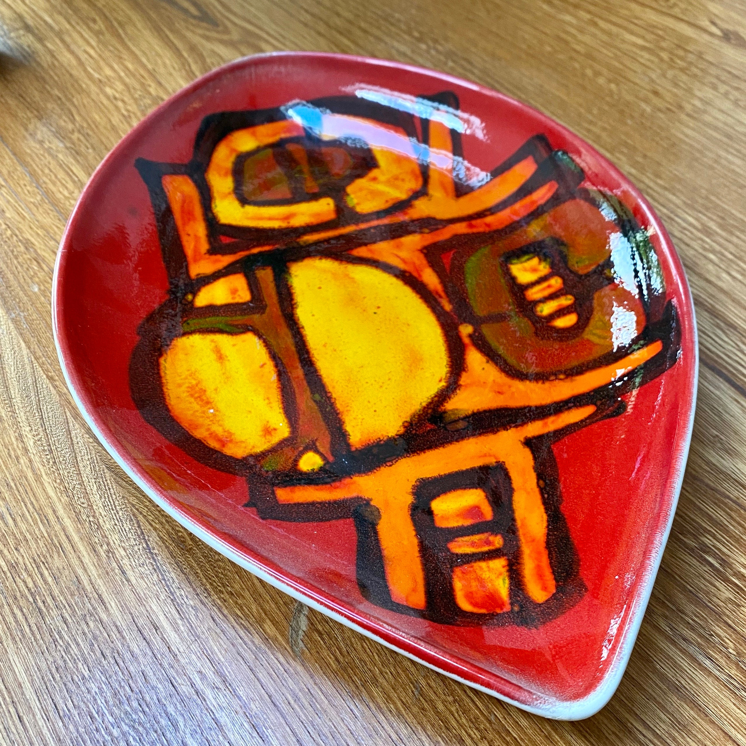 Poole Pottery 1970's shield dish / plate red and orange abstract