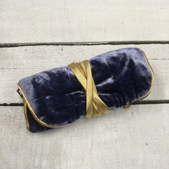 Jewellery Roll - Handmade with luxury dark cornflower blue velvet and gold satin lining