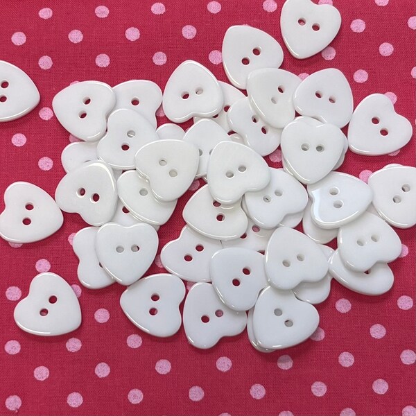 Heart Shaped White Buttons, 15mm 5/8 inch,  - pack of 10, Hearts Design