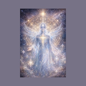May include: Digital art print of a celestial being with glowing wings and a star-like aura. The figure is surrounded by a cosmic background with stars and a golden geometric design. The artwork has a mystical and ethereal quality.