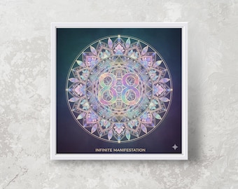 Può includere: Stampa incorniciata con un colorato design mandala e il numero "88" al centro. L'opera d'arte presenta uno sfondo sfumato con il testo "INFINITE MANIFESTATION" in basso.