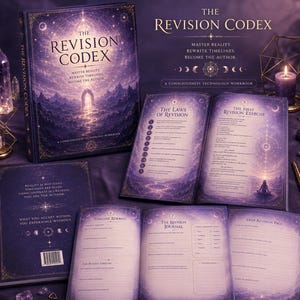 May include: A collection of books titled "The Revision Codex." The books have a dark purple cover with gold lettering and celestial imagery. The open books reveal detailed exercises and journal pages. The text includes "Master Reality, Rewrite Timelines, Become the Author."