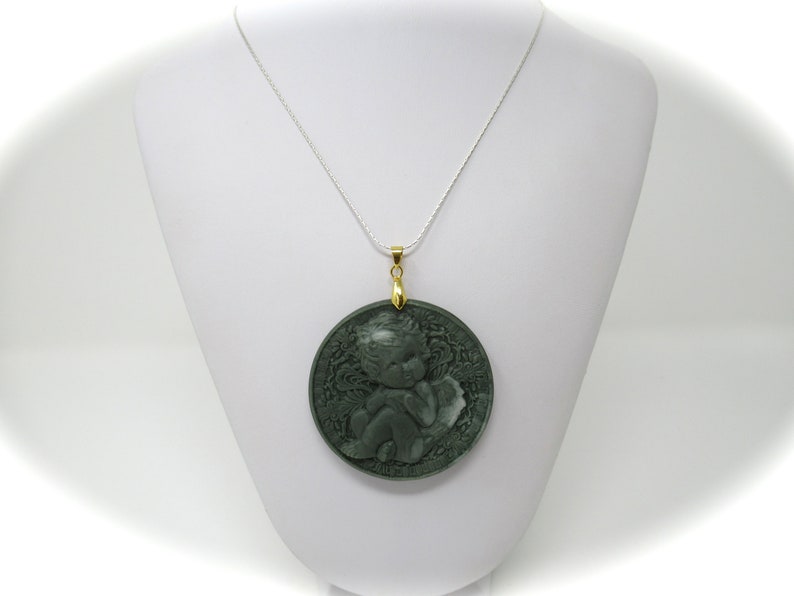2.8 Cherubim Green Jasper Stone Crystal Gold Brass Pendant 73mm x 59mm 38g
