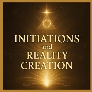 May include: A golden-toned graphic with the words "INITIATIONS and REALITY CREATION" in a serif font. The design features a bright starburst emanating from the bottom and top, with a triangle and circle symbol at the top.