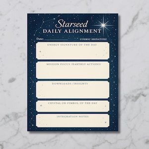May include: A dark blue Starseed Daily Alignment chart with a starry night sky design. The chart includes sections for daily energy signatures, mission focus, downloads, crystal or symbol of the day, and integration notes. The text is in a stylized font.