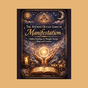 Op de afbeelding: Een boekomslag met de titel "The Ancient Occult Laws of Manifestation". De omslag heeft een hemels ontwerp met een gloeiende bol die tussen twee handen wordt gehouden, een kaars en een open boek. De tekst luidt "Hidden Teachings on Thought, Energy, Magic and Creation."