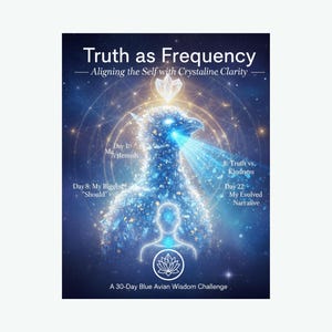 May include: A digital art print with the text "Truth as Frequency" and "Aligning the Self with Crystalline Clarity." The image features a blue avian figure with light emanating from its beak, surrounded by celestial elements. It is a 30-Day Blue Avian Wisdom Challenge.