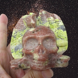 3.25" Crystal Skull with Winged Dragon on It, Unknown Stone, for Dragon Lovers and Crystal Skull Collectors, 84mm 308g
