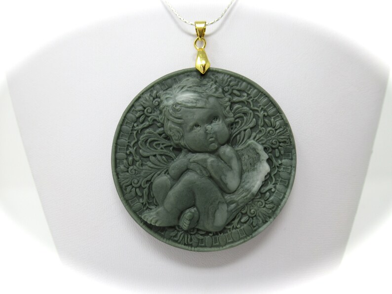 2.8 Cherubim Green Jasper Stone Crystal Gold Brass Pendant 73mm x 59mm 38g