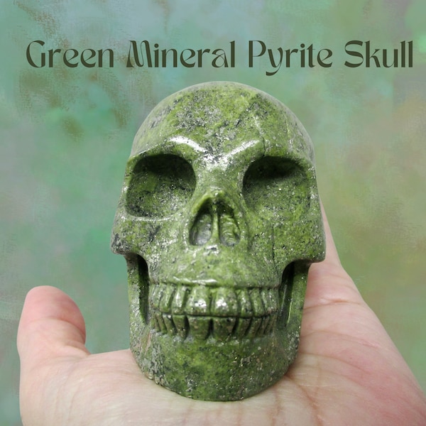 3.5" Green Mineral Pyrite Crystal Skull Shields your Aura, Protective, Protection, Spiritual Work and Development, 89mm 625g