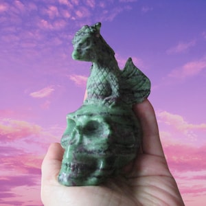 4" Ruby Zoisite Winged Dragon Crystal Skull Carving For Psychic Abilities, Green Stone Crystal Skull, Healing Green Skull, 100mm 344g