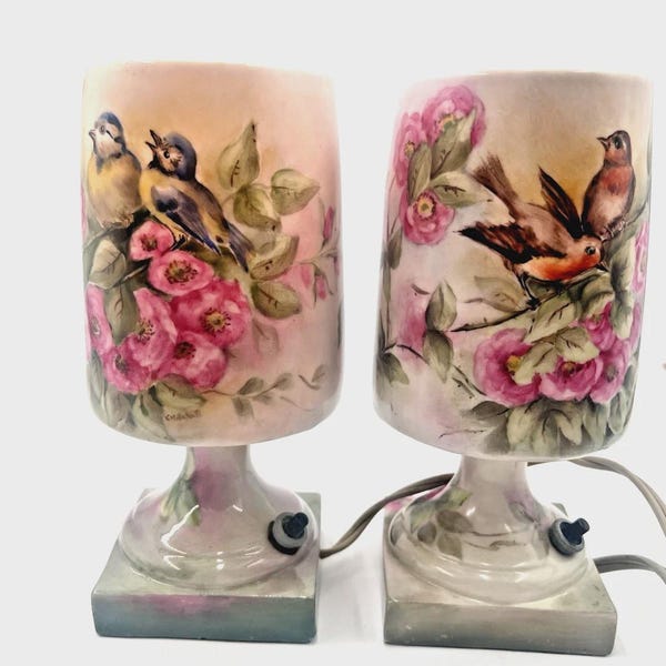 Vintage Porcelain Hand Painted Table Lamps Pair French Provincial Flowers Birds