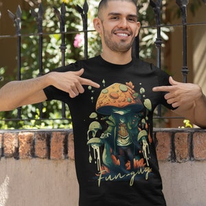 May include: A black t-shirt featuring a colourful cartoon mushroom graphic and the text "Fun-guy".
