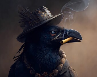 crow with cigarette meme A crow with a personality, smoking a cigar, deep in thoughts