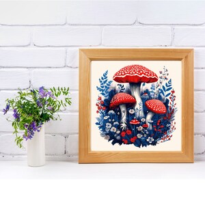 Trilogía de arte mural vintage con hongos y follaje ornamentados, 35 x 35 cm