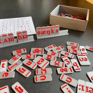 May include: A close-up of a grey plastic tile rack with red letter tiles spelling out the words "kam ha" and "oænks".  The tiles are scattered around the rack on a grey surface.  The tiles are all grey with red letters.