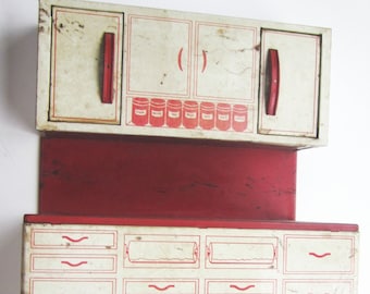 1950s Wolverine Toy Cupboard Counter Kitchen Cabinets Tin Litho for Dolls Rare Vintage 16&quot; Tall Midcentury Good Condition Pretend Play White