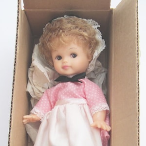 May include: A pink and white doll with brown hair and blue eyes is wearing a pink dress with white polka dots and a white lace trim. The doll is in a cardboard box.