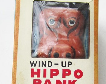 Vintage Tin Litho HIPPO BANK Wind-Up Toy With Box Great Condition 1950s 1960s Made In Japan Ahi Rare Find 6&quot; Bright Shiny Like New Antique