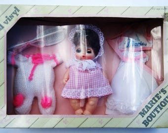 1960s/1970s Vintage Marie's Boutique 6" Doll Set From Ocean Toys New in Box NRFB Antique Midcentury With Bib, Onesie, Hairbrush, Comb