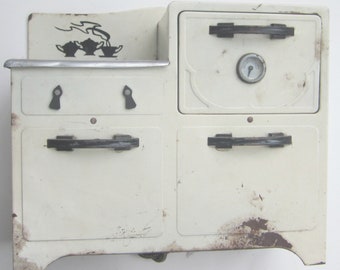 1950s Wolverine(?) Toy Electric Stove Oven Kitchen Tin Litho for Dolls Vintage 11&quot; Tall Midcentury Good Condition Pretend Play White & Black