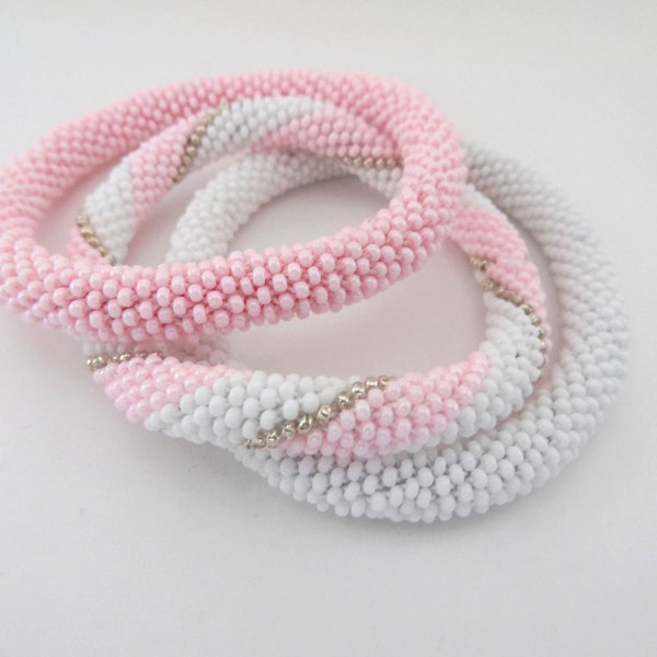 Nepal Roll on Bracelets / Pink  White Beaded Bracelet / Crocheted Beads Bracelet / Bangle Set / Bead Rope Bracelet