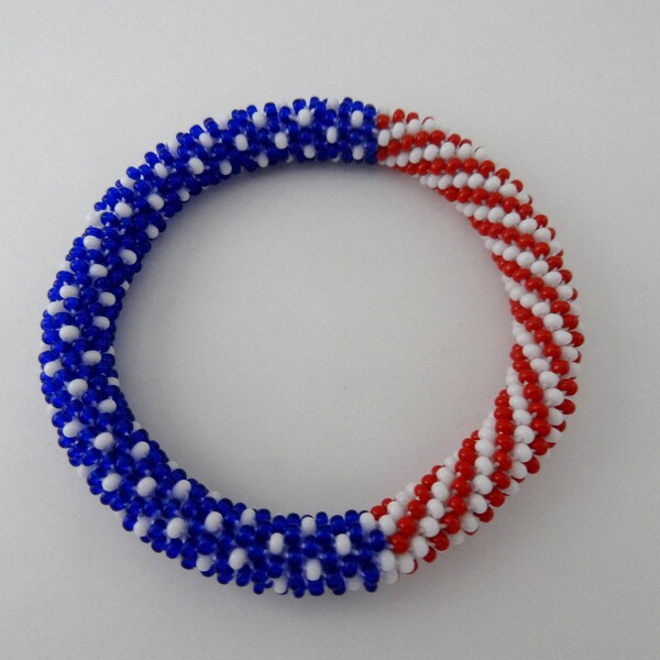 Patriotic Roll On Bangle Bracelet - Red white Blue Beaded Crochet Bracelet - Emek Pinari - Beaded Rope Bangle - Spiral Rope Bracelet