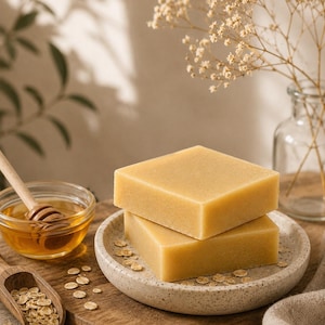 Peut inclure: Deux pains de savon carrés de couleur beige clair empilés sur une assiette en céramique mouchetée. Le savon est accompagné d'un petit bol en verre de miel doré avec une cuillère à miel en bois, une pelle en bois remplie d'avoine et des flocons d'avoine.