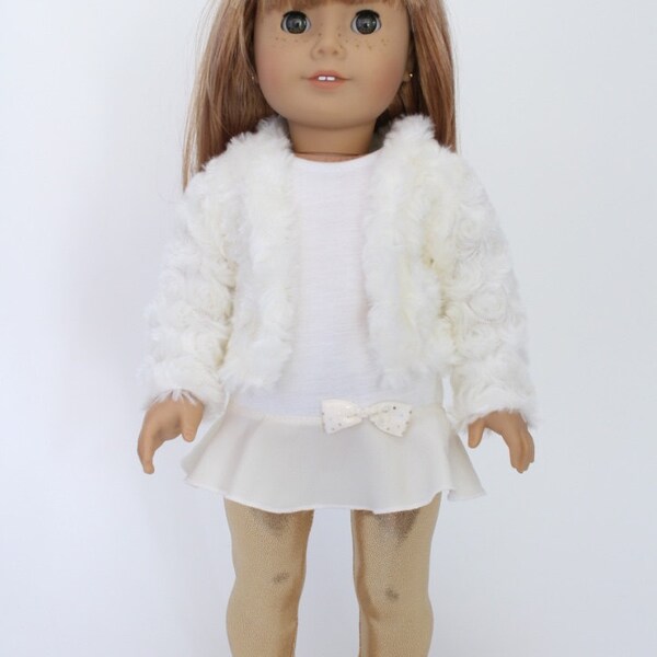 American Girl doll clothes - Holiday outfit: Creme flounce blouse with gold leggings and faux fur jacket
