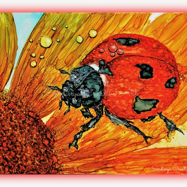 Ladybird ladybug art painting. Blank original hand painted greetings art card. Wall art print. A5. Alcohol ink artwork. Serdinya art