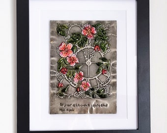 Steampunk pewter embossed wild rose artwork. Framed art for the home. Alcohol ink on pewter wall/free standing artisan design. Home decor.