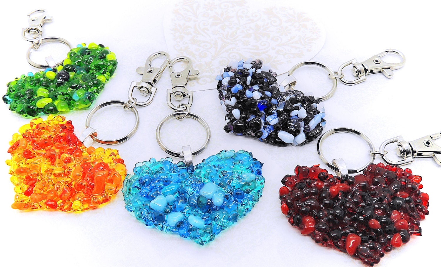 Fused glass keyring holder. Glass heart handbag charm. Ring Etsy
