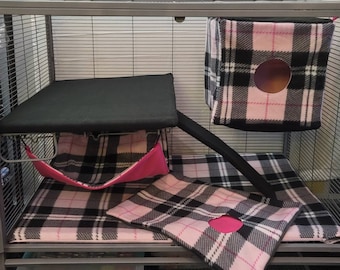 Pink and black plaid design single ferret nation cage liner and hammock set