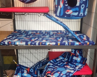 Construction tools in blue design double ferret/critter nation cage liner and hammock set.