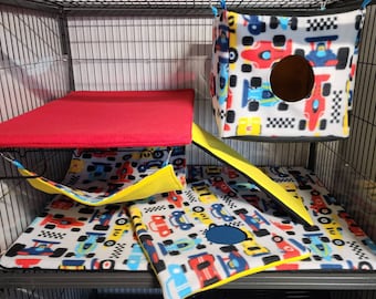 Race car design single ferret/critter Nation cage liner and hammock set