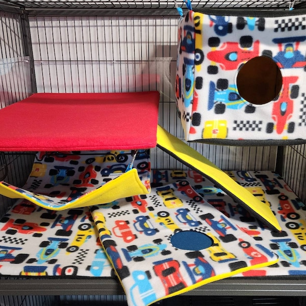 Race car design single ferret/critter Nation cage liner and hammock set