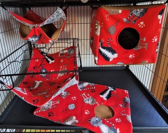 Set of four kitty cat and paw print on red ferret and small animal hammock and bedding set