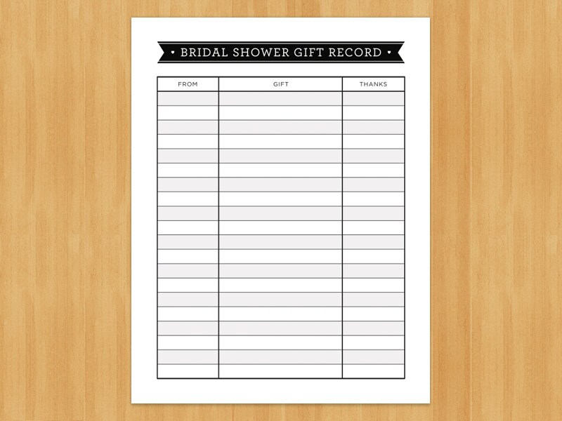 Printable Bridal Shower Gift Record List List of Gifts Etsy