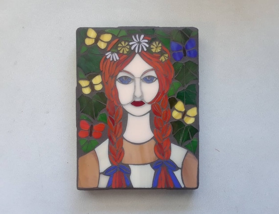 Folk Art Anne with an E Mosaic Wall Art About 6x8 inches Wall Hanging Fan Art Stained Glass on Wood Panel Original Artwork