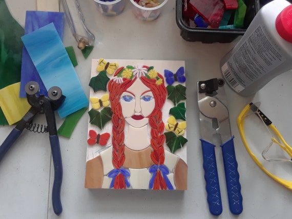 Folk Art Anne with an E Mosaic Wall Art About 6x8 inches Wall Hanging Fan Art Stained Glass on Wood Panel Original Artwork