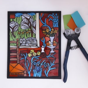 Mosaic Wall Art, Glass on Wood, Interior with White Cat and Landscape, Original Artwork Inspired by Matisse, Wall Hanging (8x10 inches)