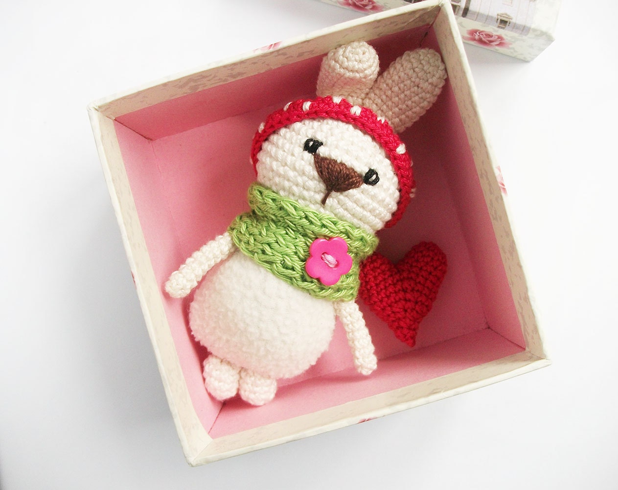 Tiny crocheted bunny soft cute crocheted toy Miniature white rabbit with red hart Stuffed animal